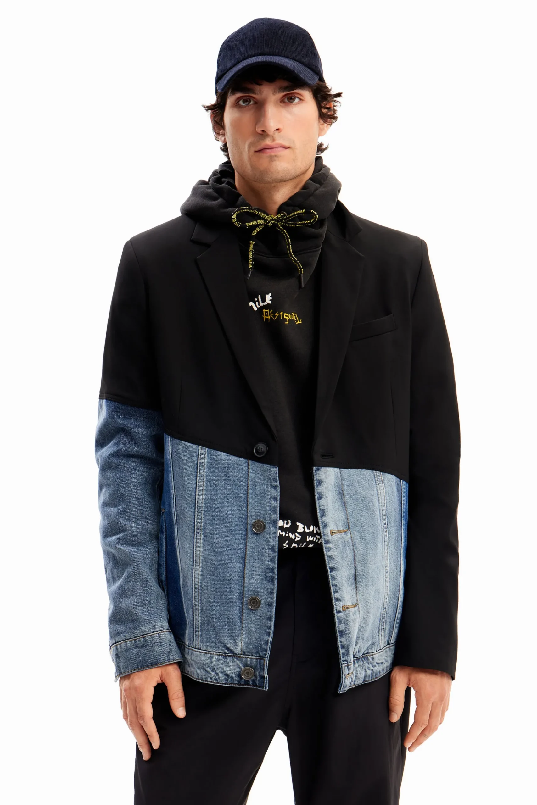 Bimaterial denim blazer