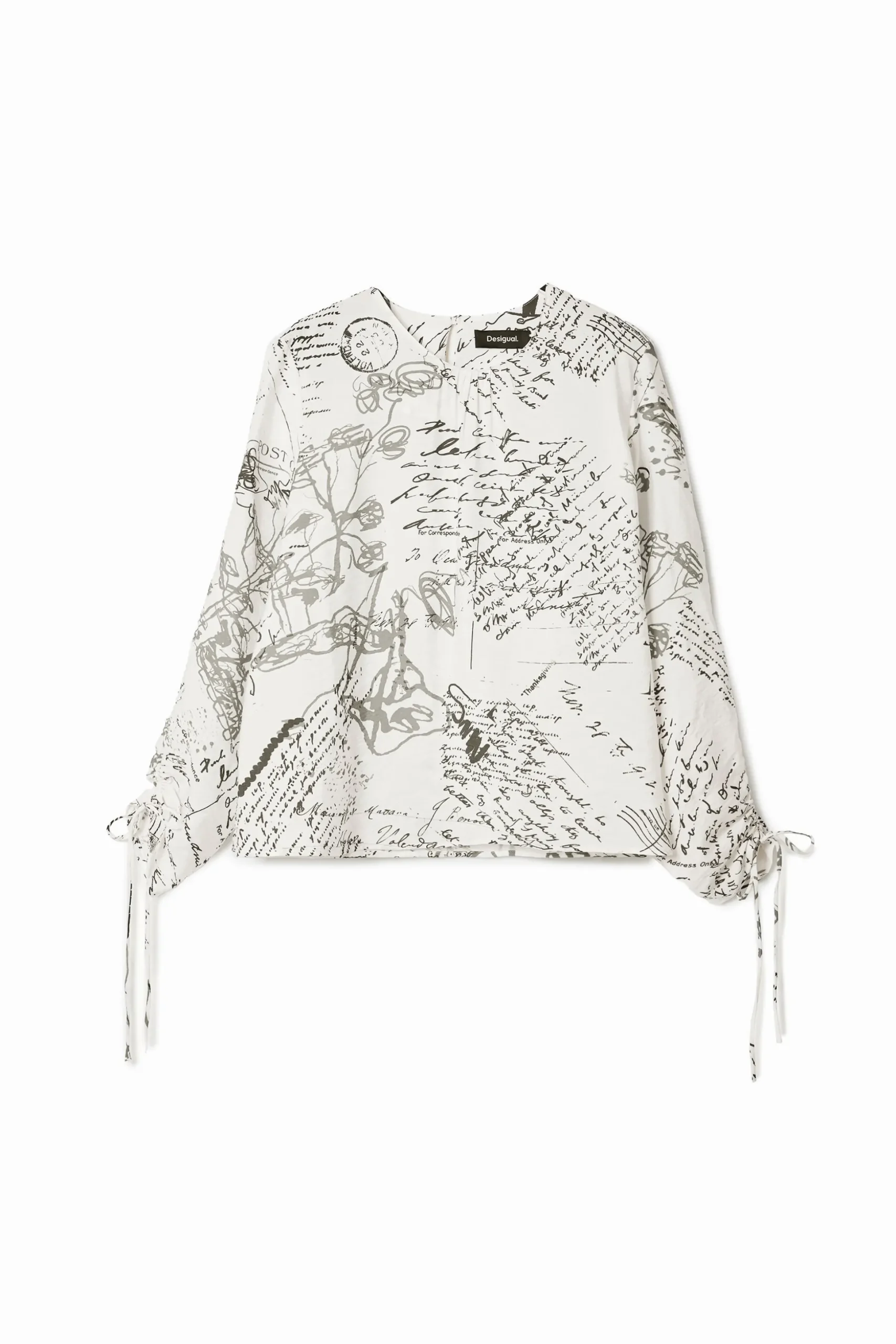 Blouse with adjustable sleeves and text prints.