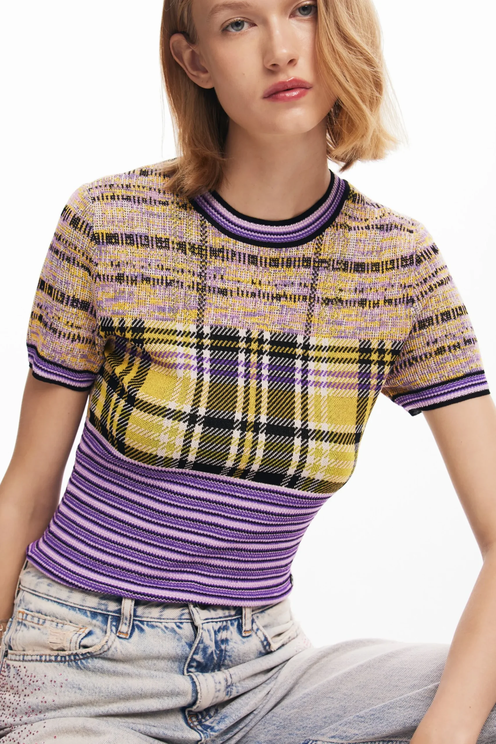 Checkered knit T-shirt