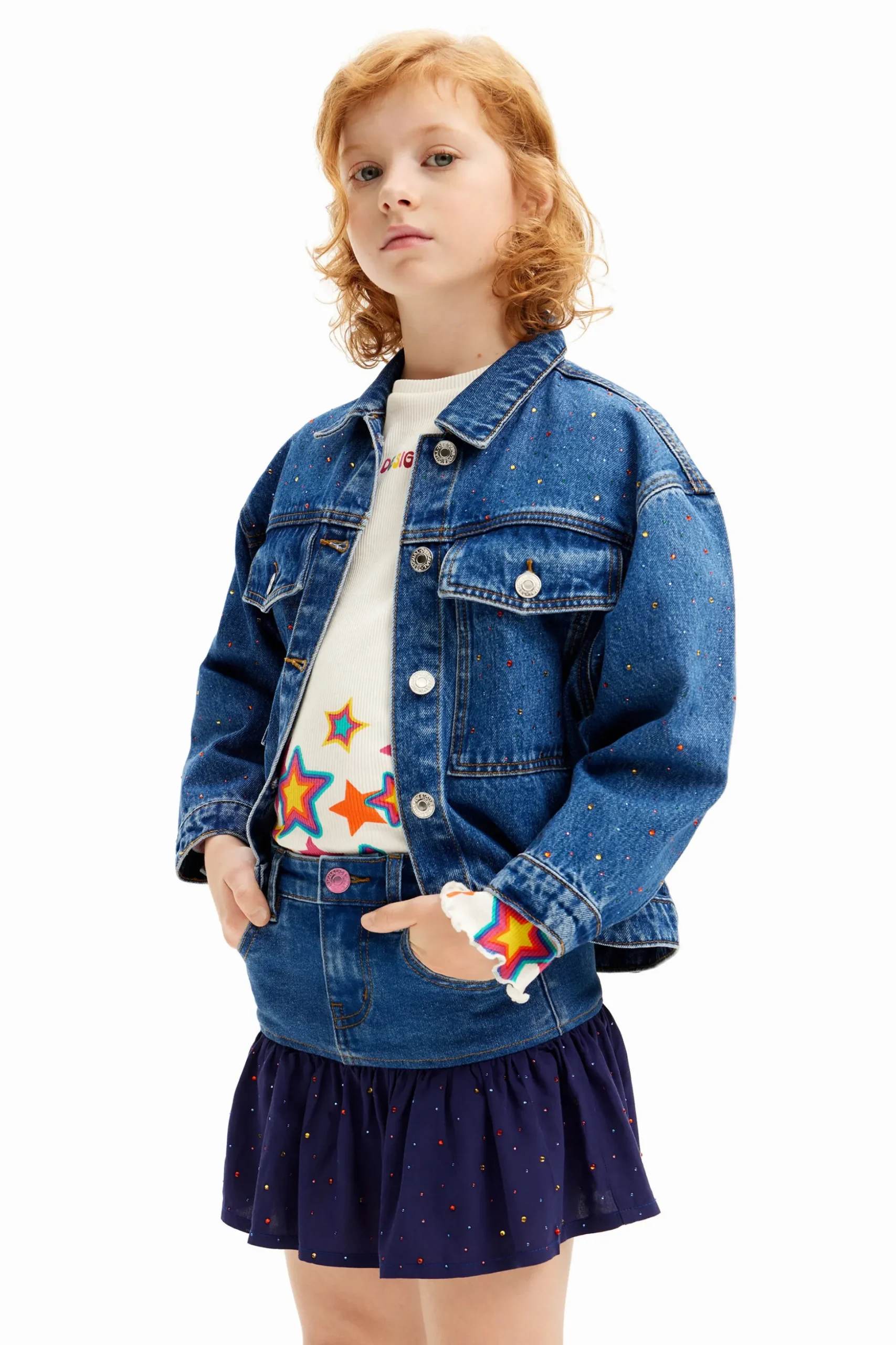 Denim mini skirt with ruffle and polka dots