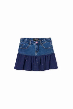 Denim mini skirt with ruffle and polka dots
