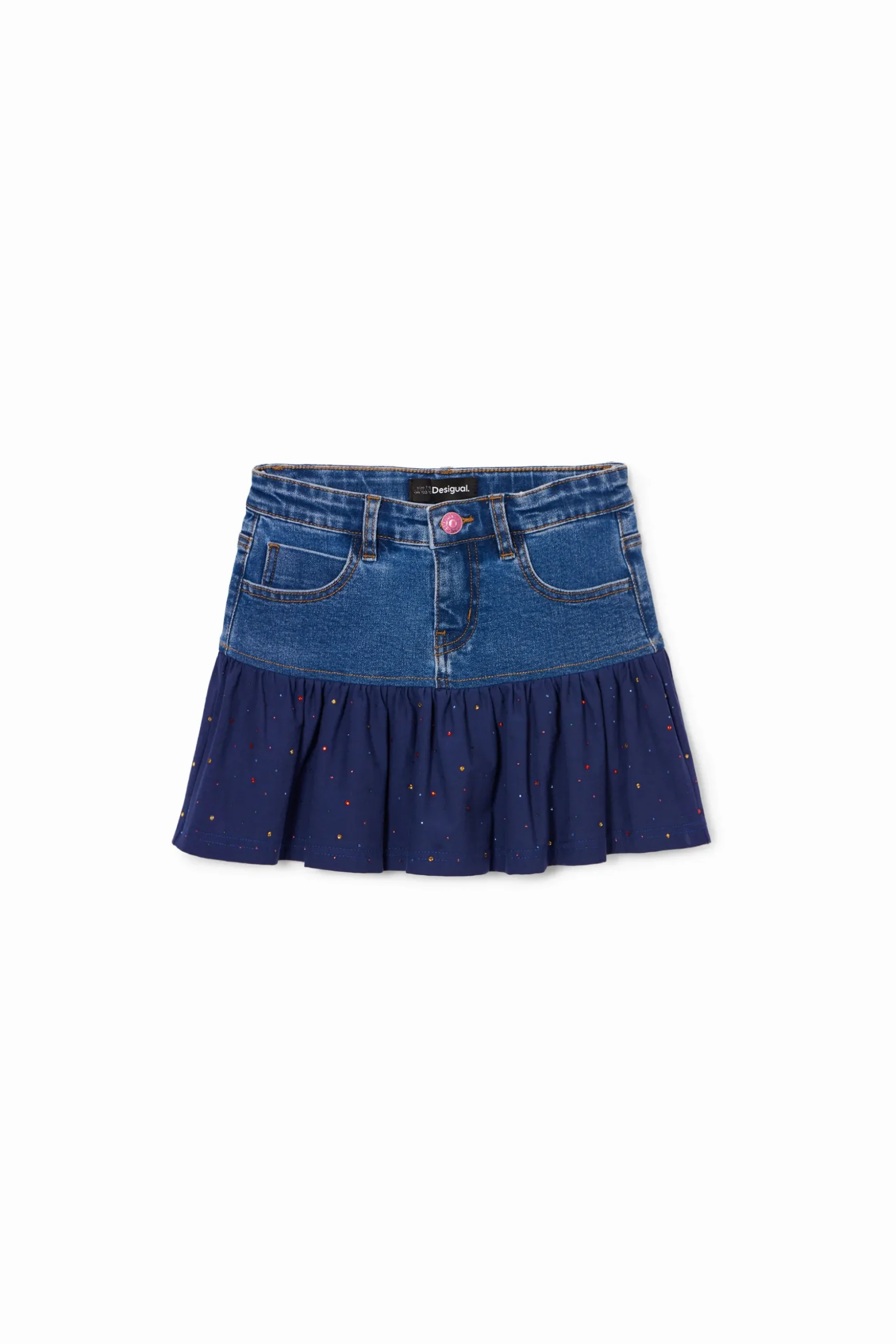 Denim mini skirt with ruffle and polka dots