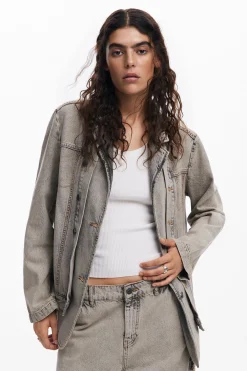 Distressed denim blazer