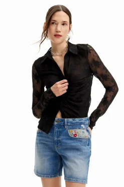 Embroidered denim shorts