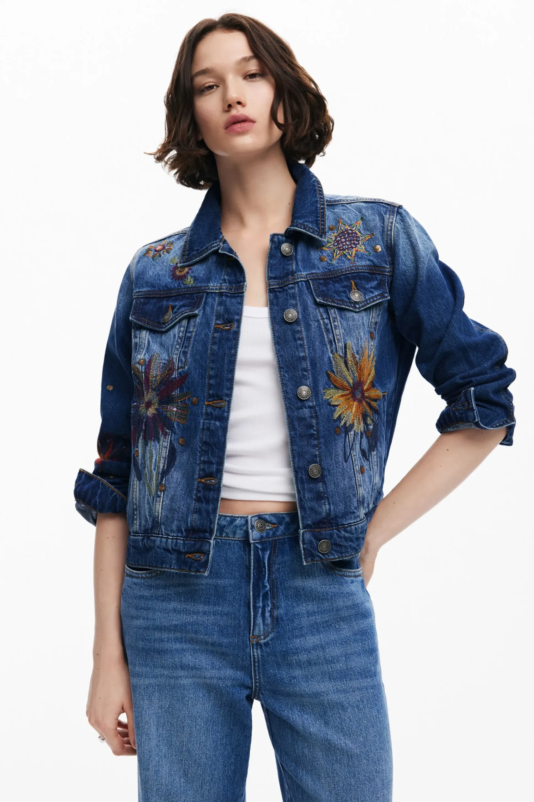 Floral trucker denim jacket