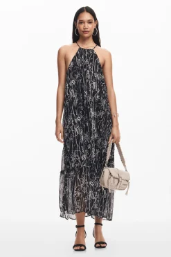 Halter dress with floral illustrations