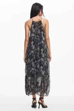 Halter dress with floral illustrations