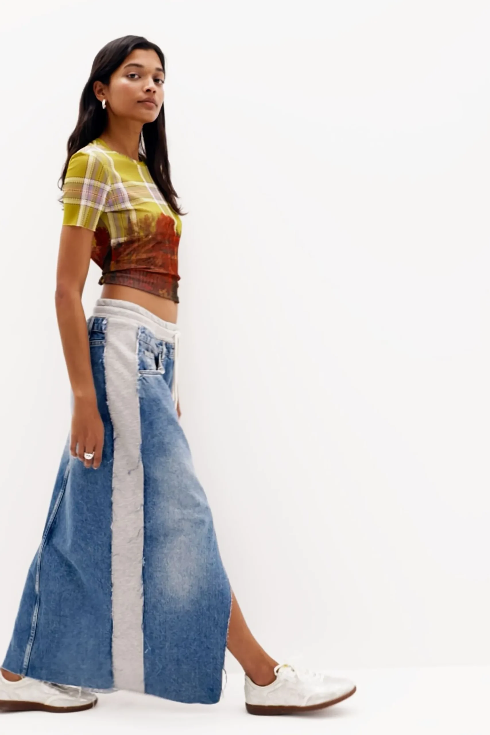 Hybrid denim midi skirt
