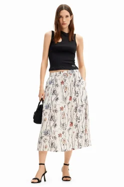 Illustrated floral midi skirt