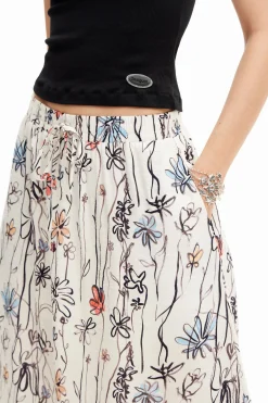 Illustrated floral midi skirt