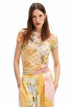 Lace T-shirt with floral pattern