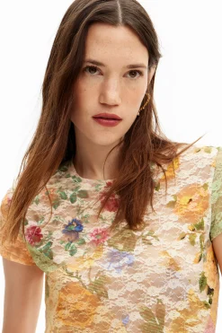 Lace T-shirt with floral pattern