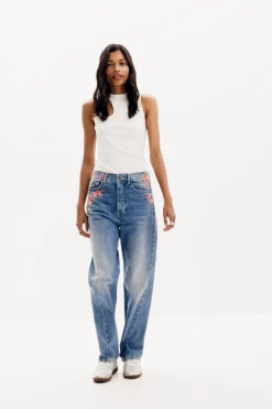 Long denim pants with flowers