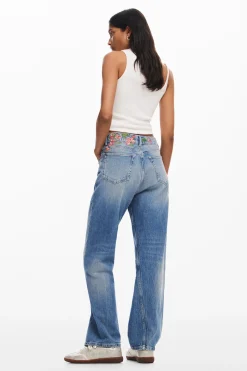 Long denim pants with flowers