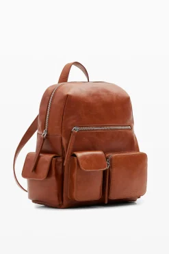 Multi-pocket leather backpack