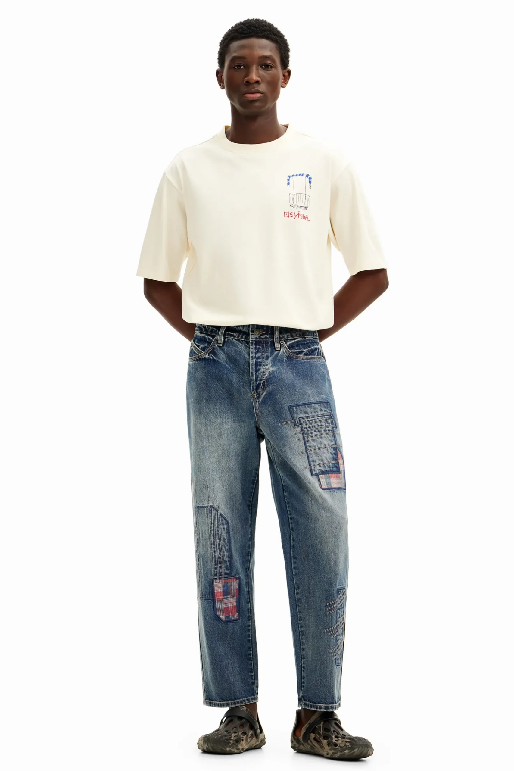 Patched denim pants