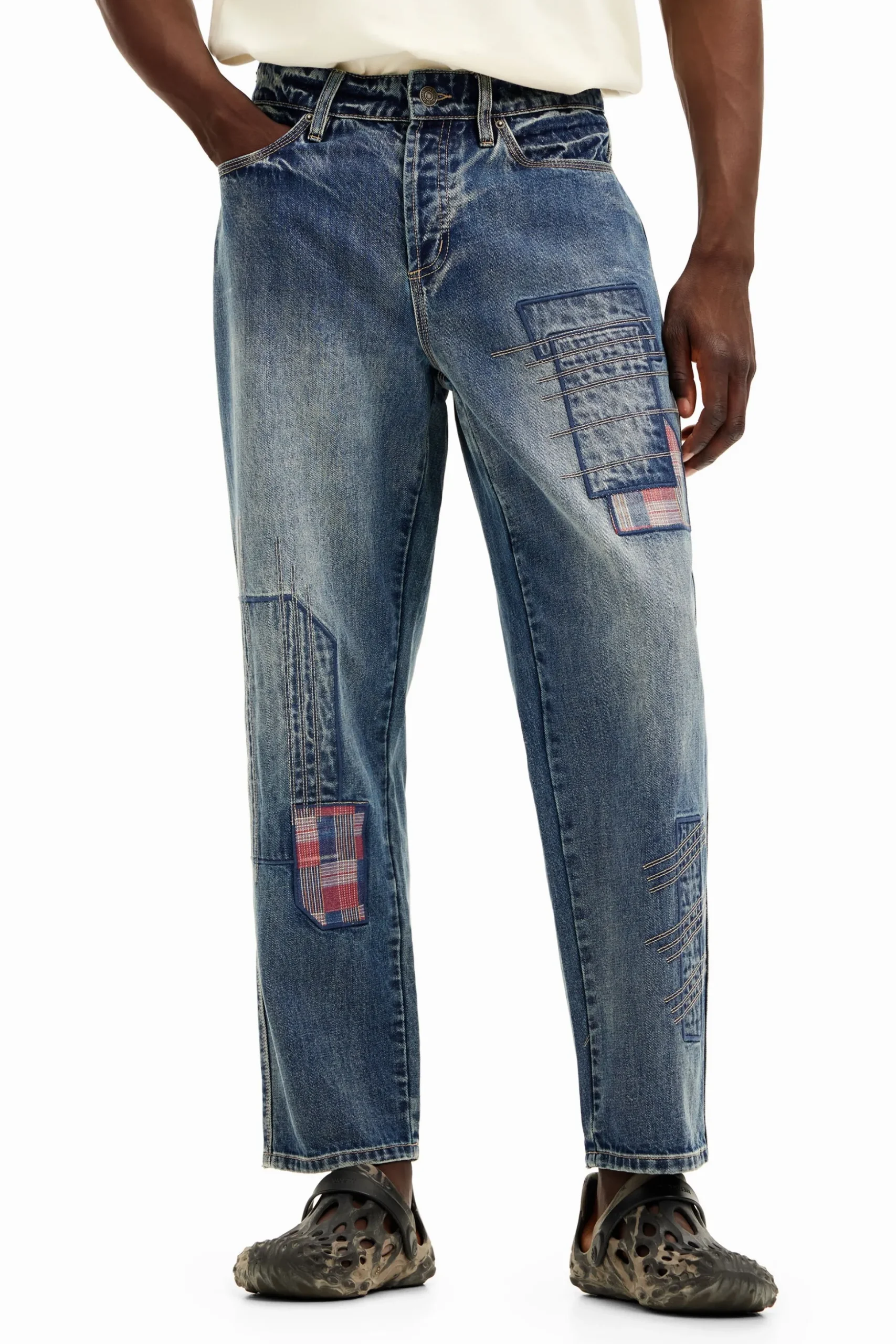 Patched denim pants
