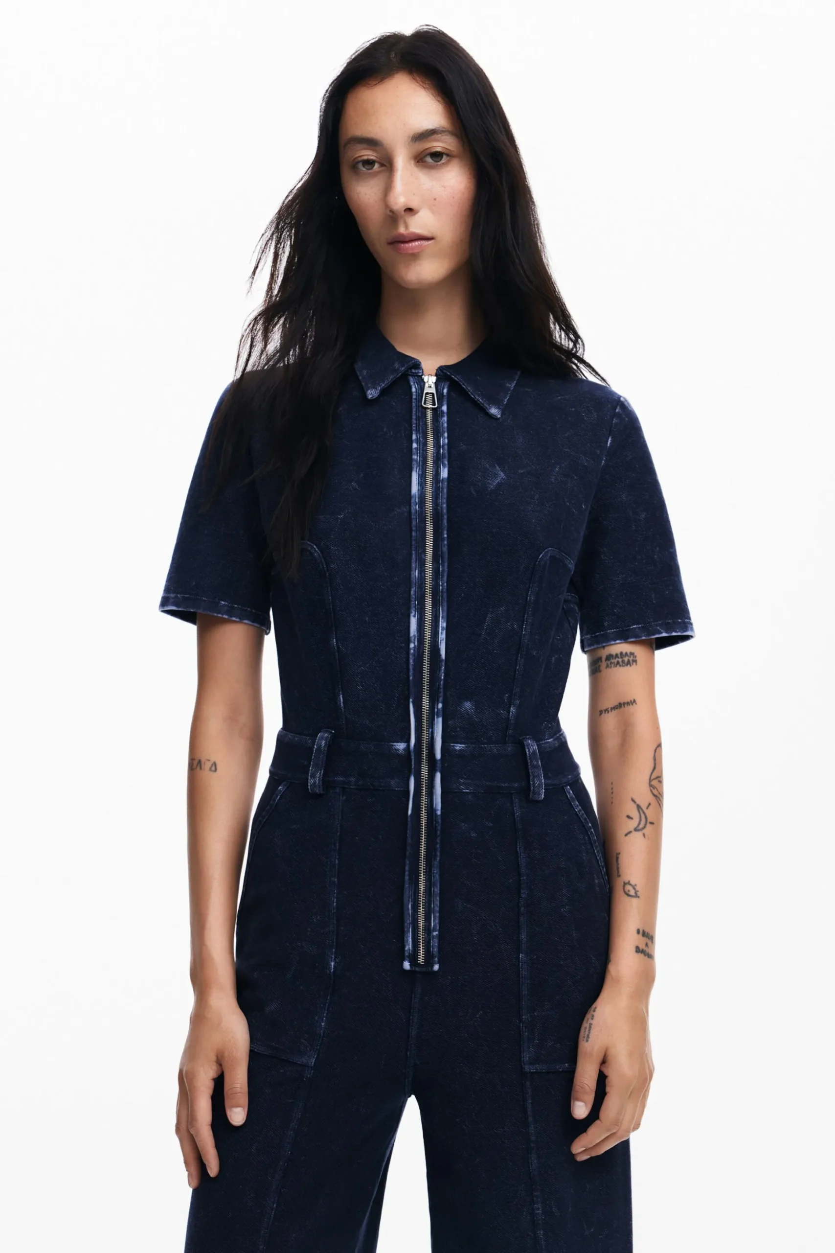 Washed-effect denim jumpsuit