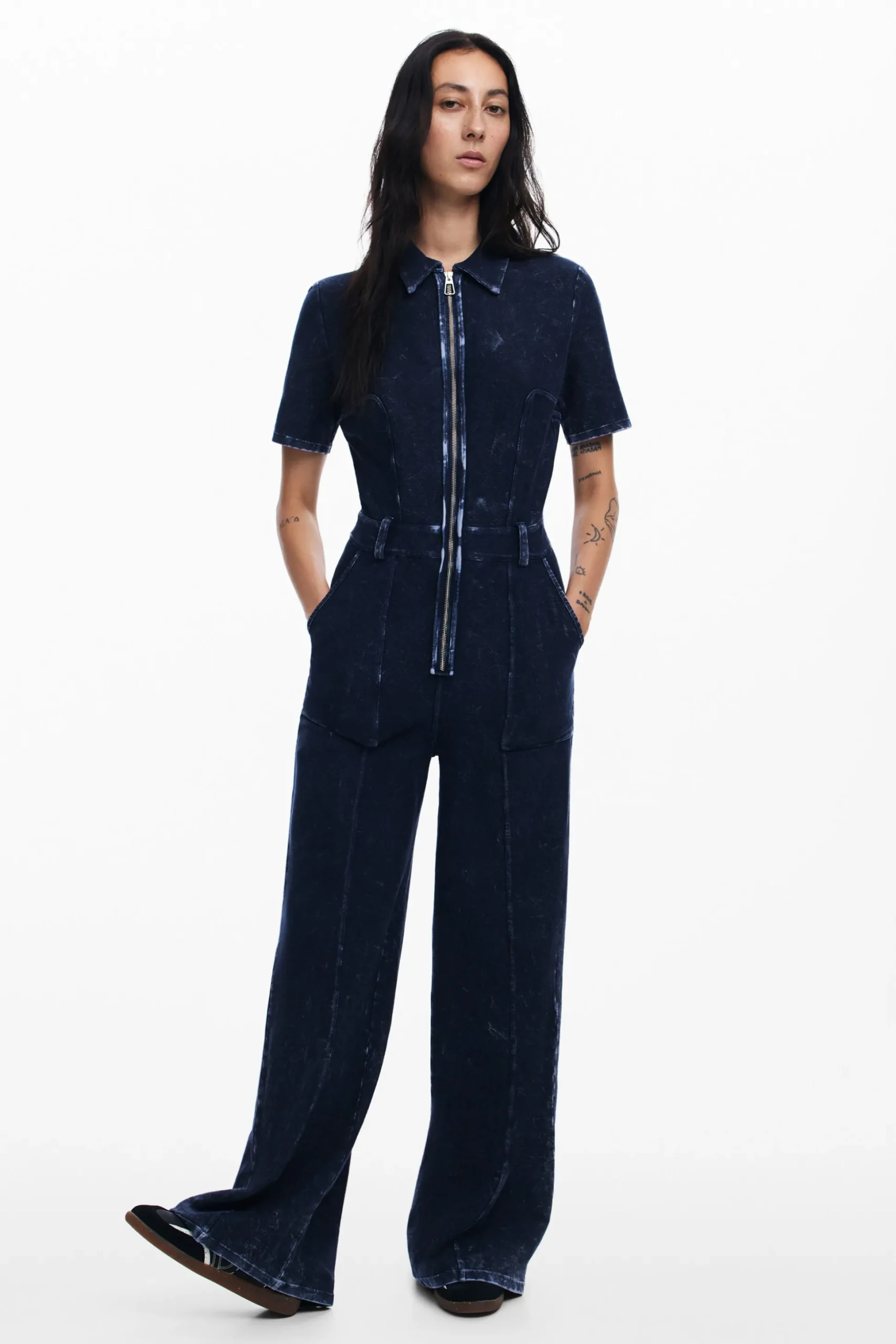 Washed-effect denim jumpsuit
