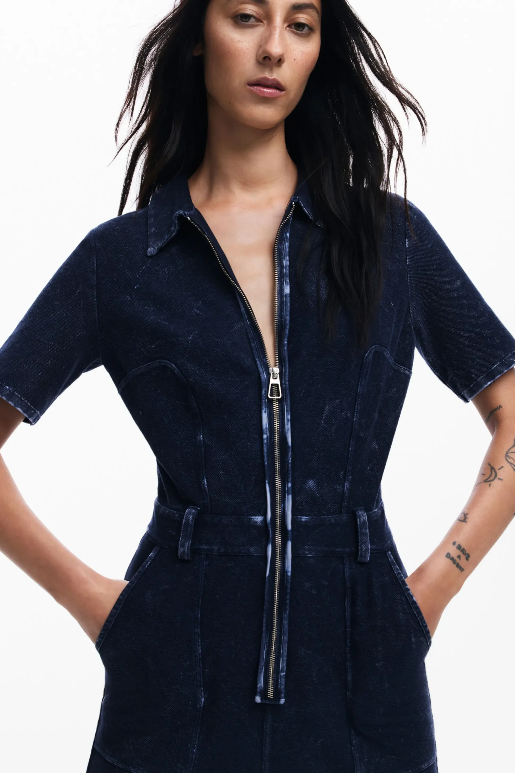 Washed-effect denim jumpsuit